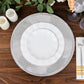 Metallic silver swirl pattern round charger plate with beaded rim.