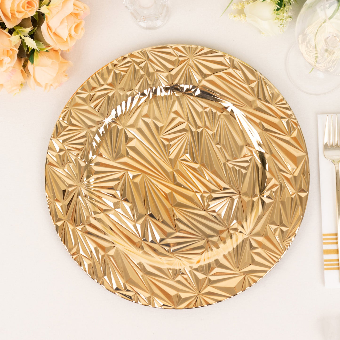 Metallic gold rock cut acrylic charger plate, 13" round decorative serving plate.