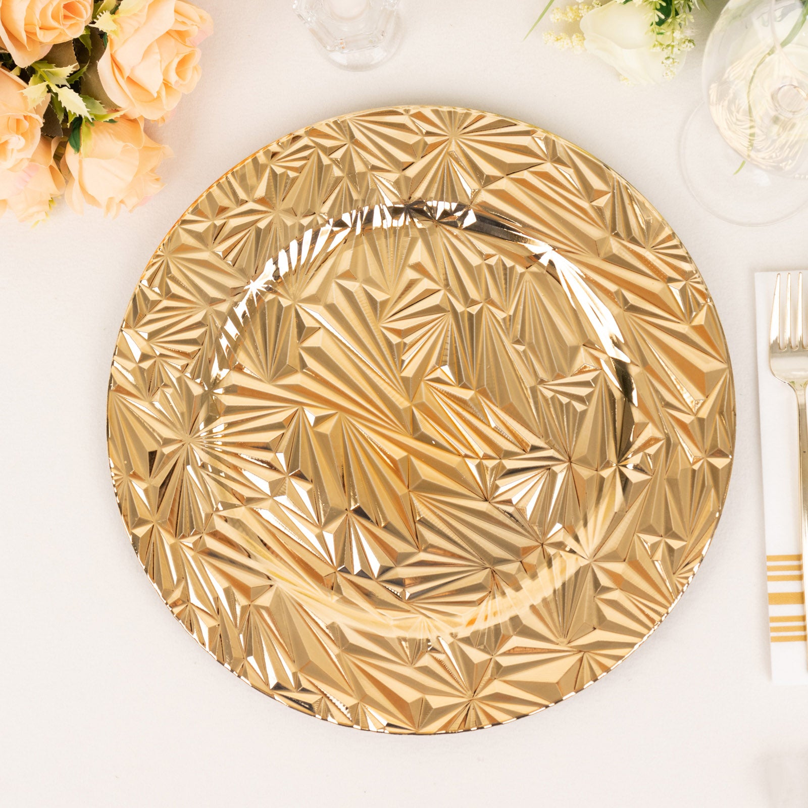 Metallic gold rock cut acrylic charger plate, 13" round decorative serving plate.