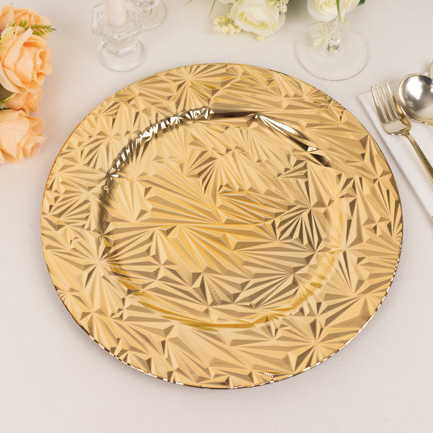 Metallic gold rock cut acrylic charger plate, 13" round decorative serving plate.
