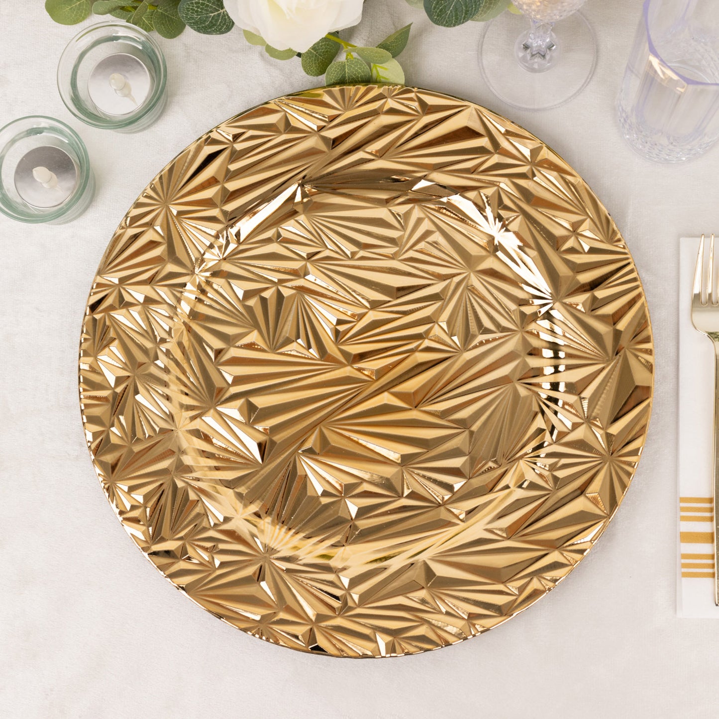 Metallic gold rock cut acrylic charger plate, 13" round decorative serving plate.