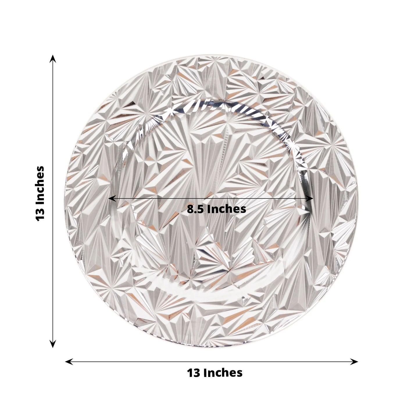Metallic silver rock cut acrylic charger plate, 13" round decorative serving plate.