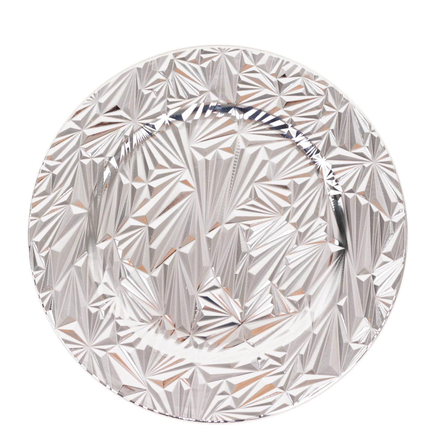 Metallic silver rock cut acrylic charger plate, 13" round decorative serving plate.