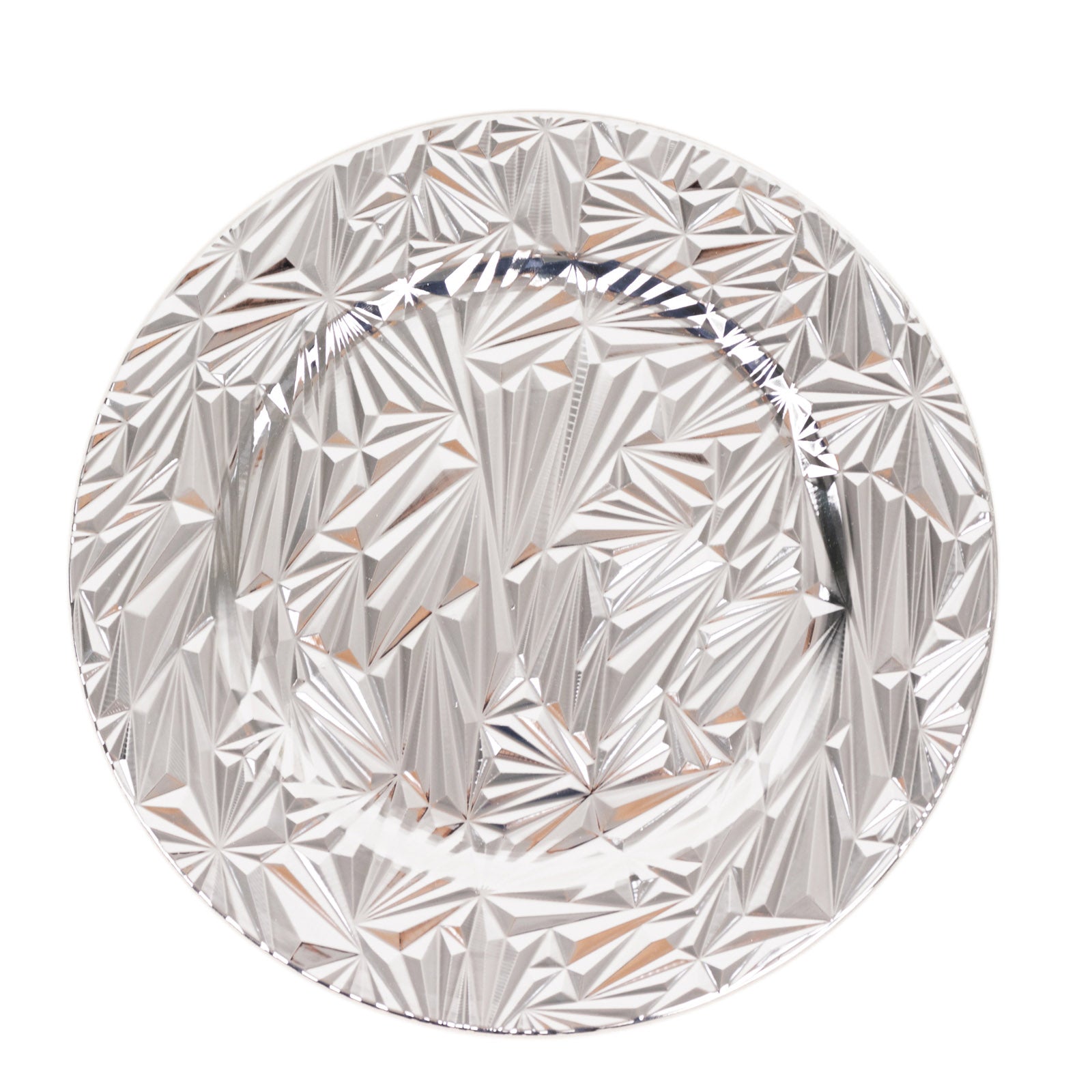 Metallic silver rock cut acrylic charger plate, 13" round decorative serving plate.