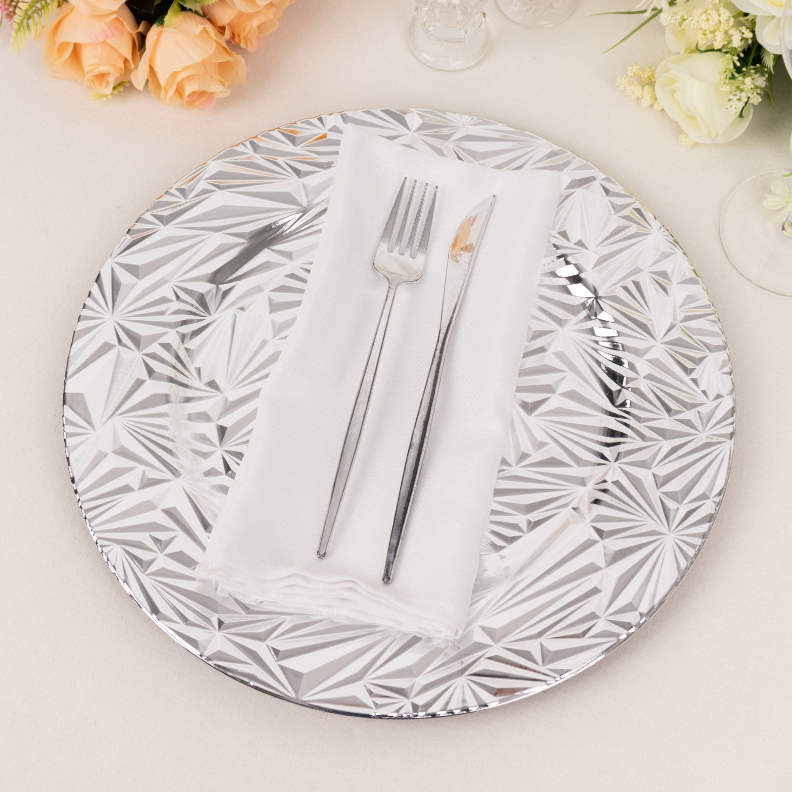 Metallic silver rock cut acrylic charger plate, 13" round, decorative serving plate.