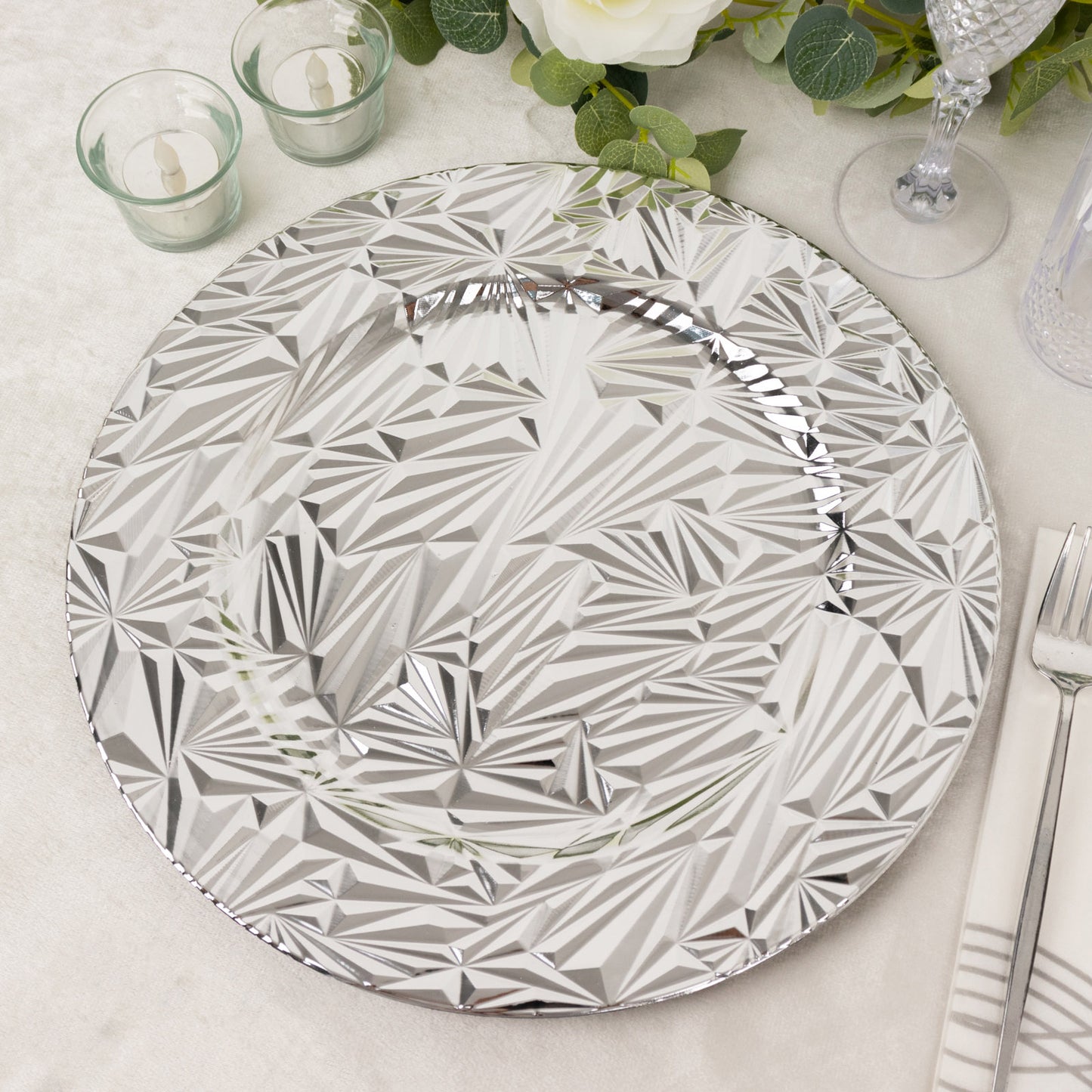 Metallic silver rock cut acrylic charger plate, 13" round decorative serving plate.