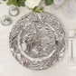 Metallic silver rock cut acrylic charger plate on a table setting.