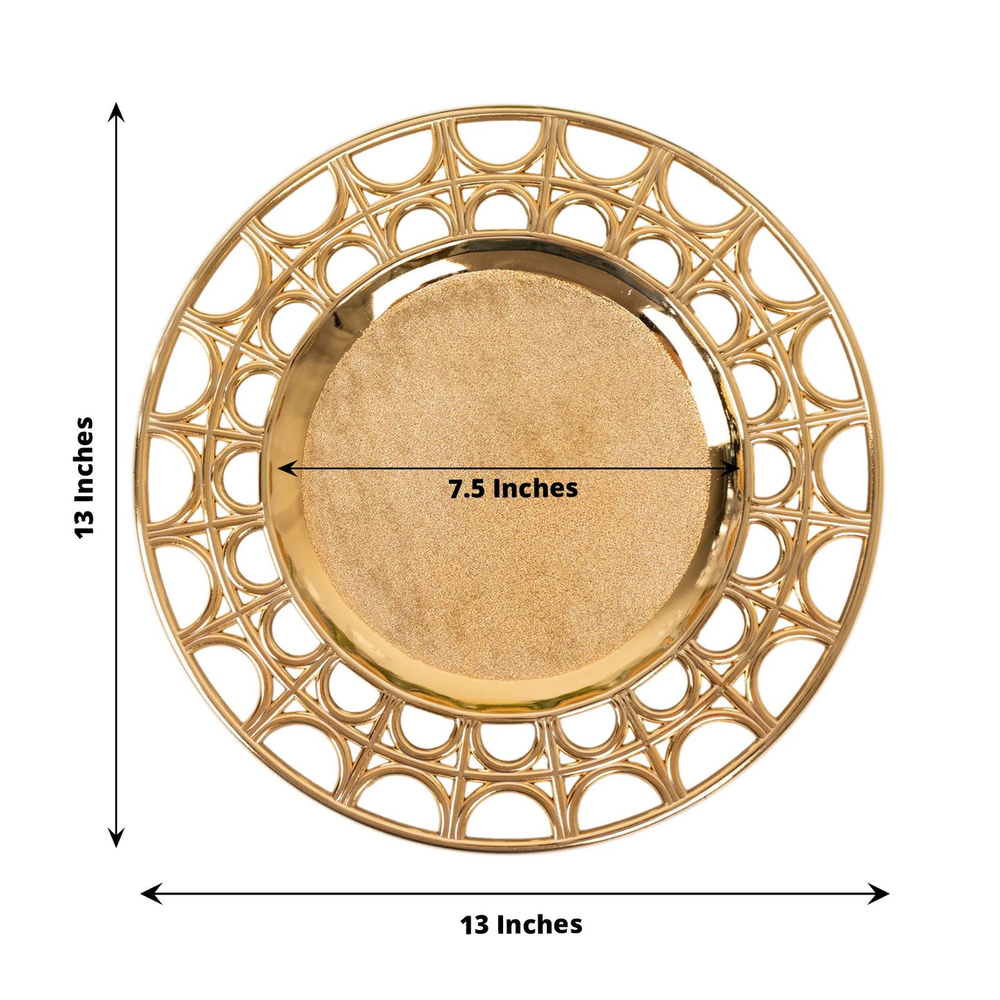 Metallic gold acrylic charger plate with semi-circle hollow rim, 13 inches round.