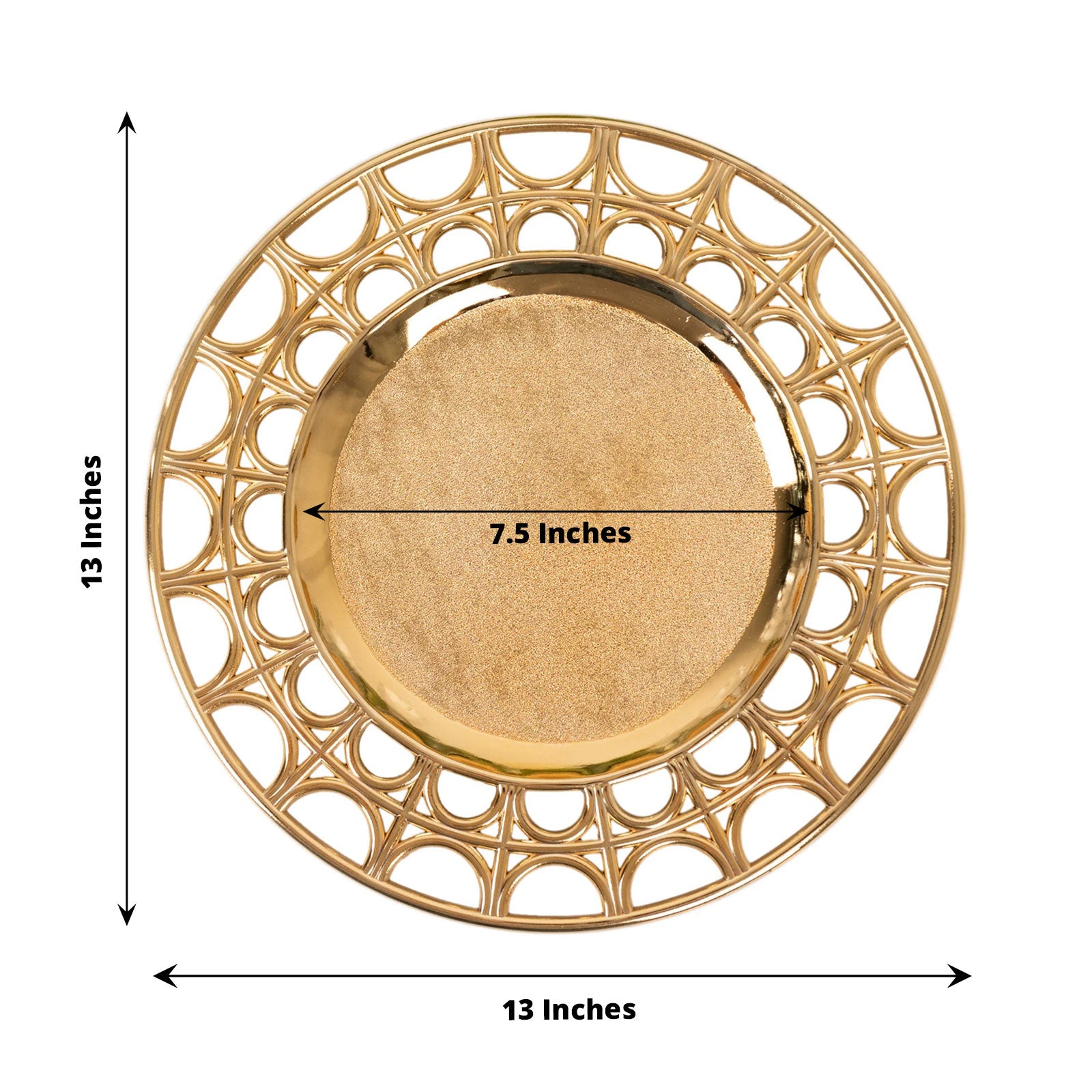 Metallic gold acrylic charger plate with semi-circle hollow rim, 13 inches round.