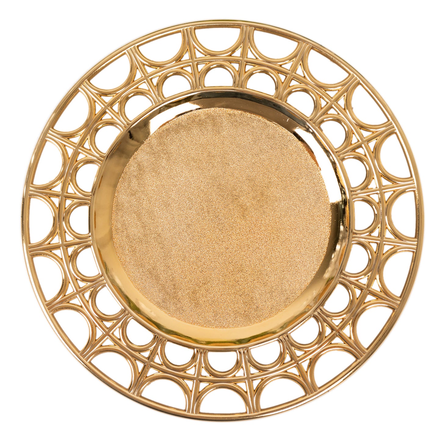 Metallic gold acrylic charger plate with semi-circle hollow rim.