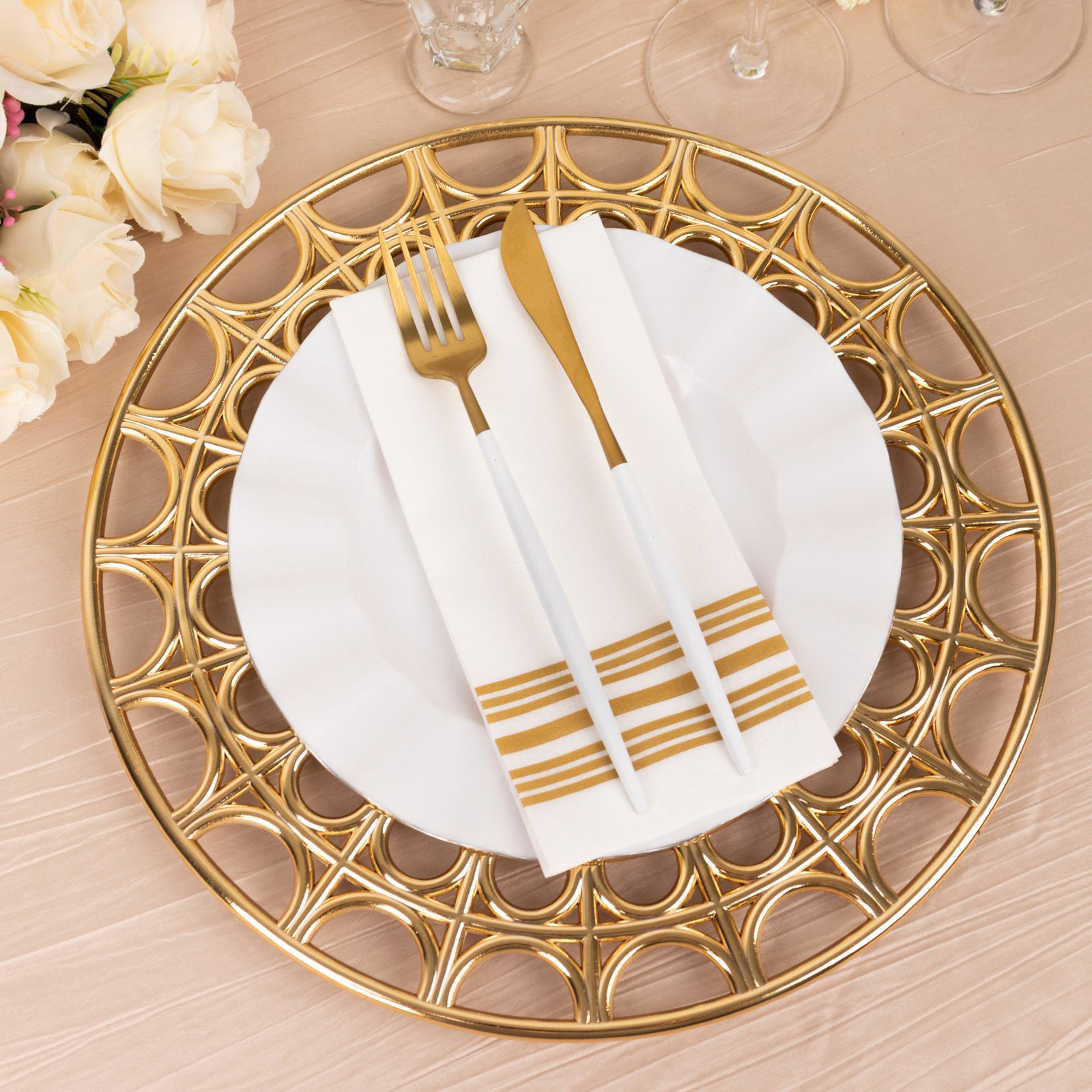 Metallic gold decorative charger plate with hollow out rim, 13" round.
