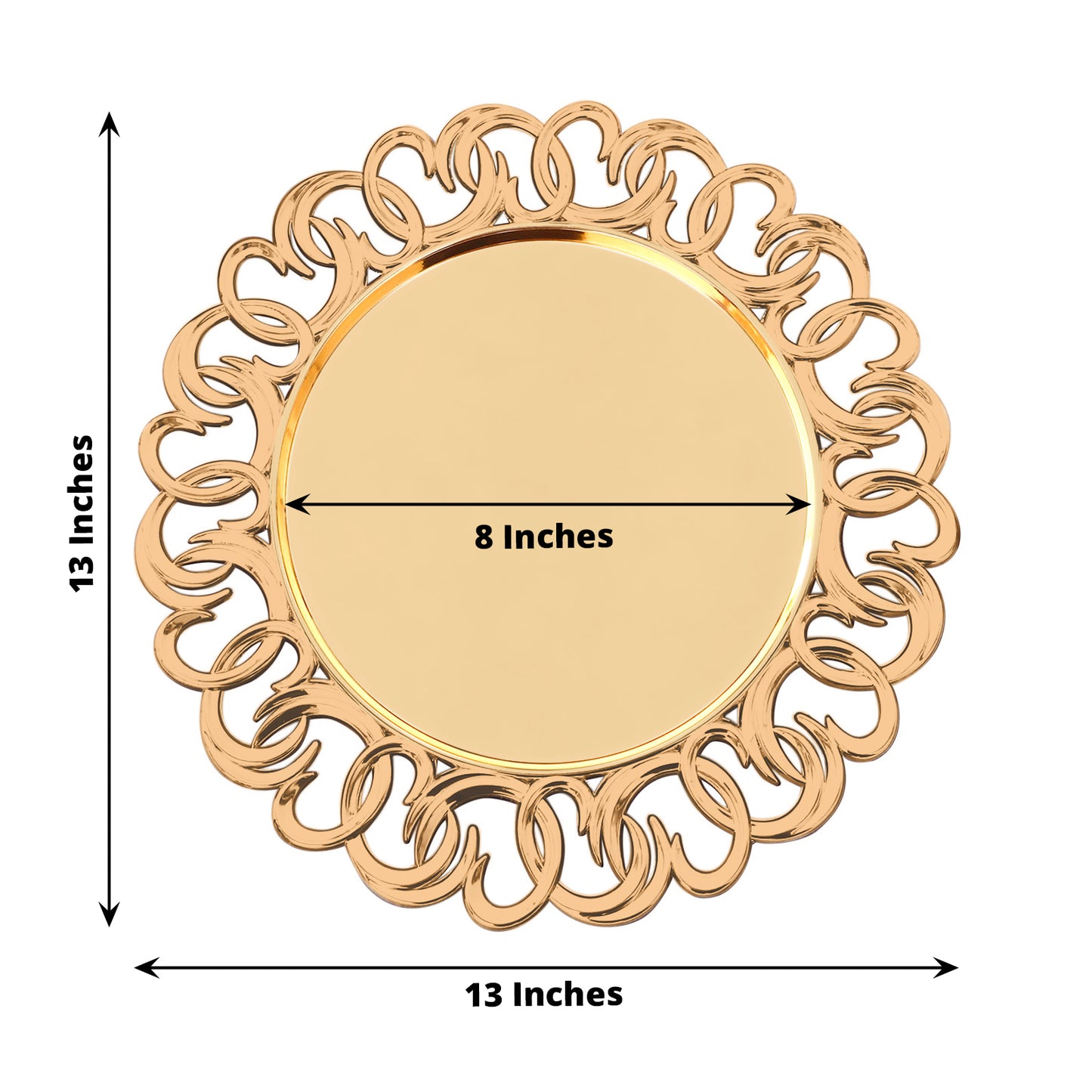 Gold disposable charger plate with entwined swirl rim, 13 inches round.