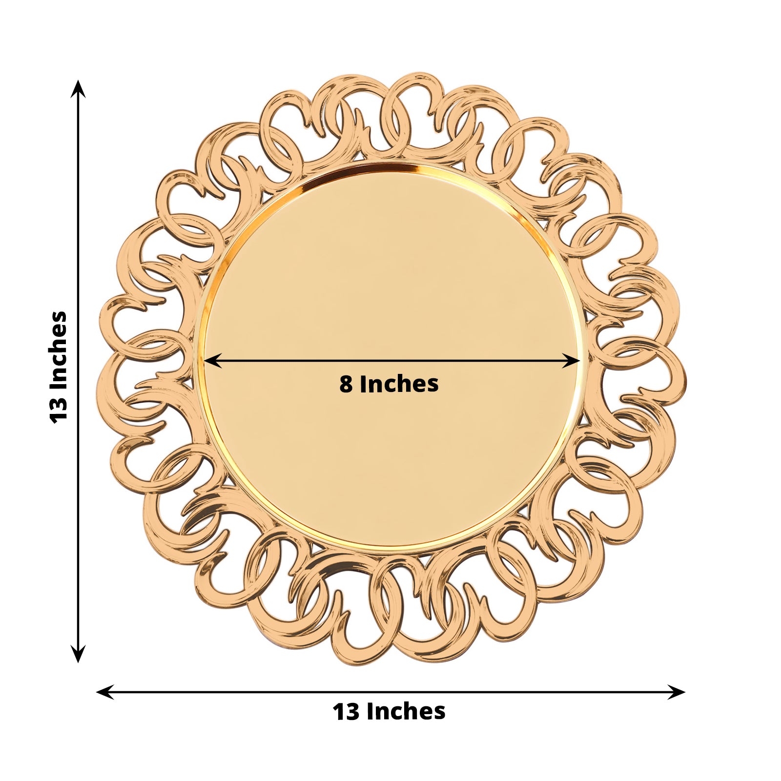Gold disposable charger plate with entwined swirl rim, 13 inches round.