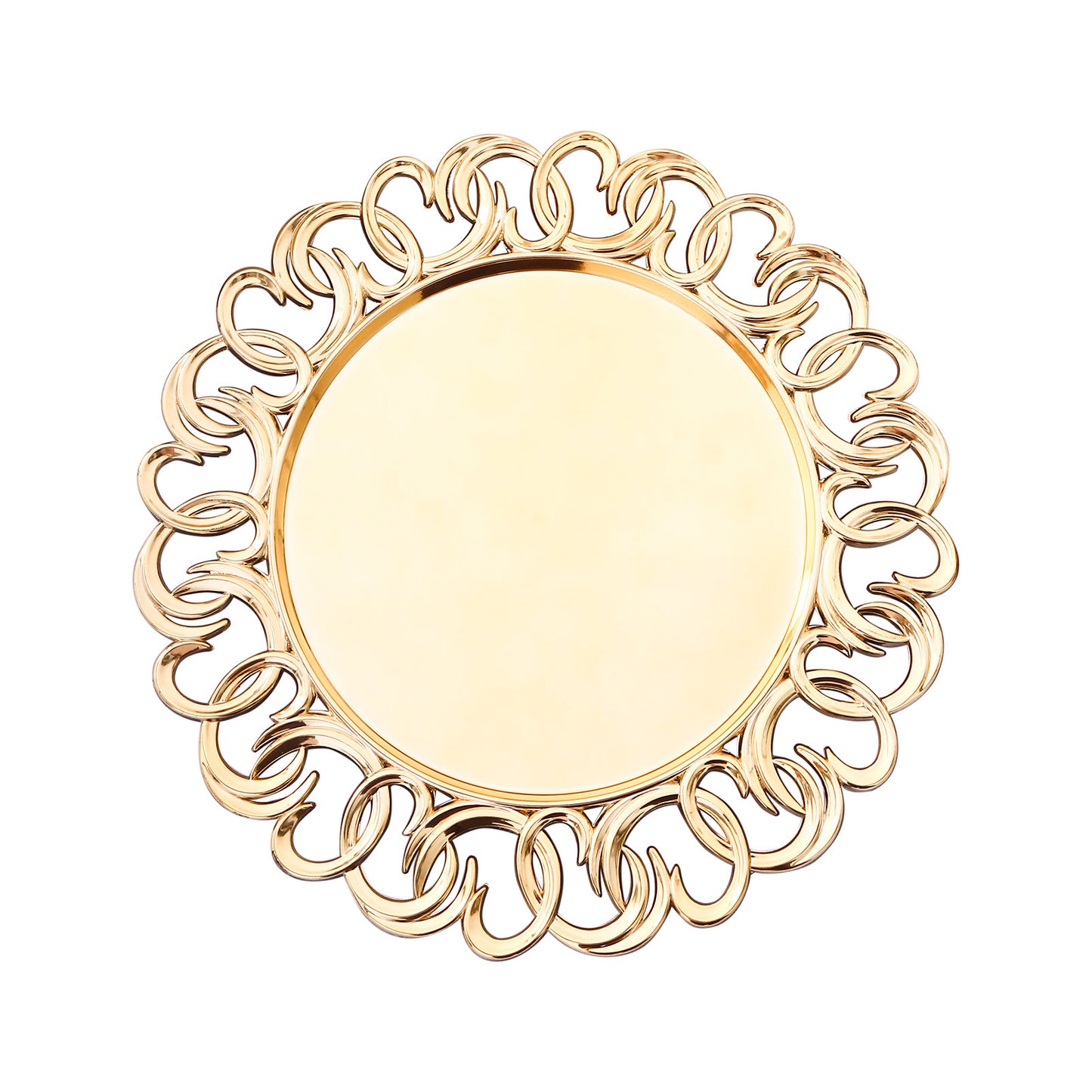 Gold disposable charger plate with entwined swirl rim, 13" round.