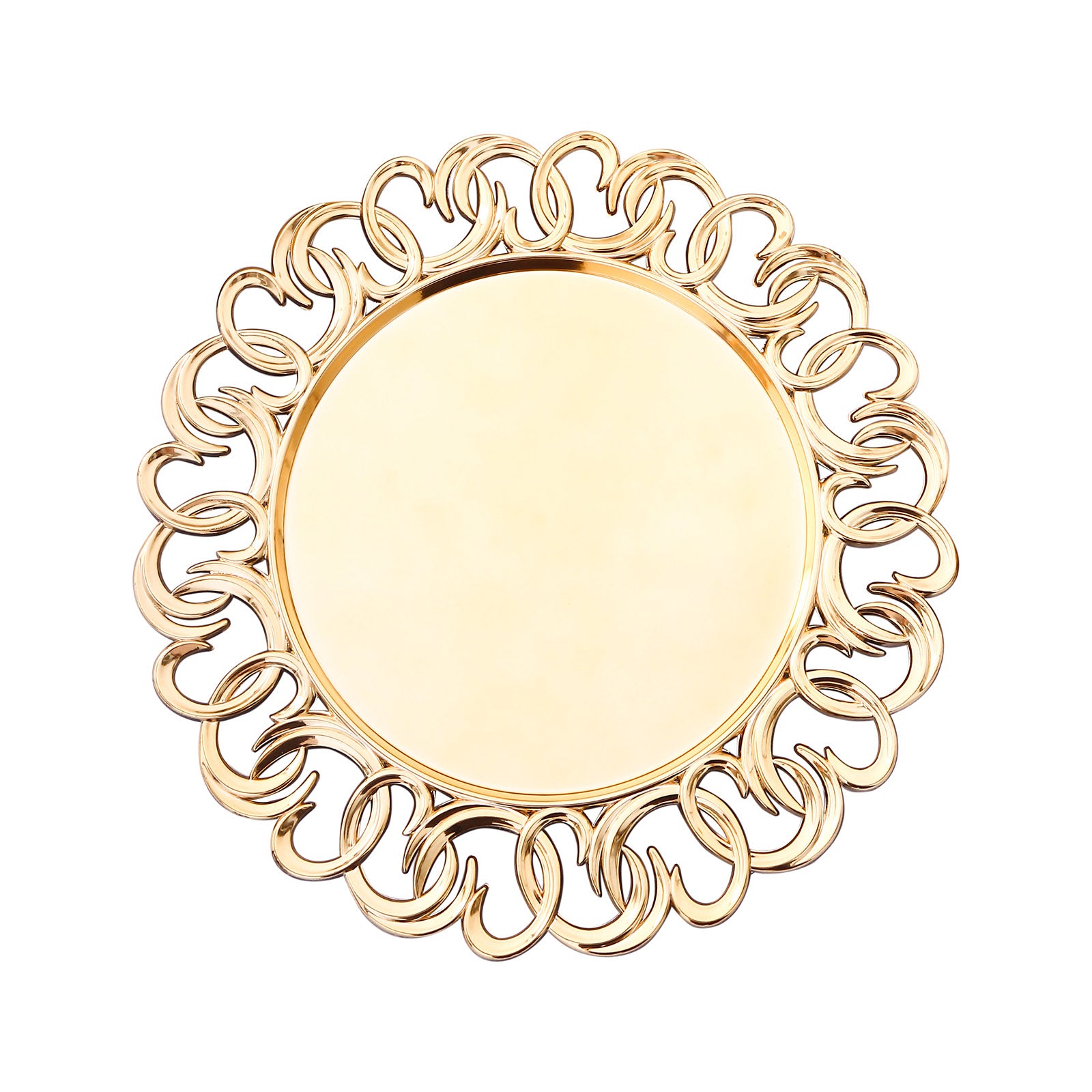 Gold disposable charger plate with entwined swirl rim, 13" round.