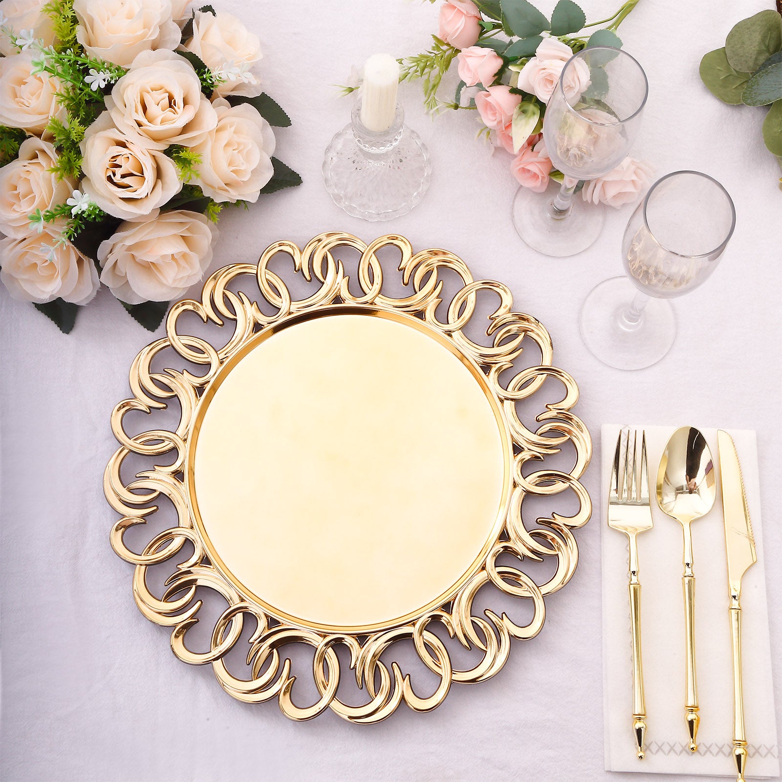 Gold disposable charger plate with entwined swirl rim, perfect for elegant dining.