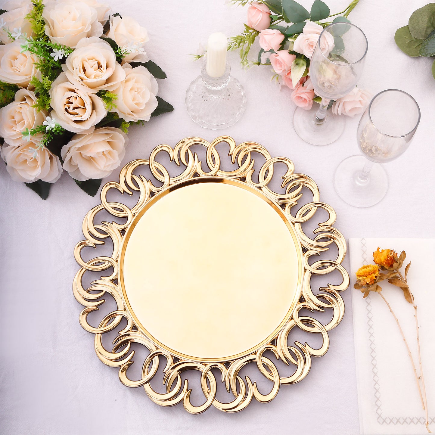 Gold disposable charger plate with entwined swirl rim, 13" round serving plate.