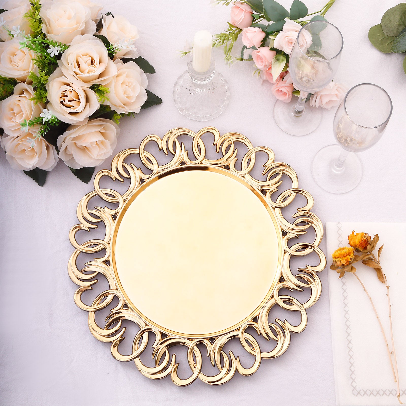 Gold disposable charger plate with entwined swirl rim, 13" round serving plate.