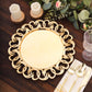 Gold disposable charger plate with entwined swirl rim on a wooden table setting.