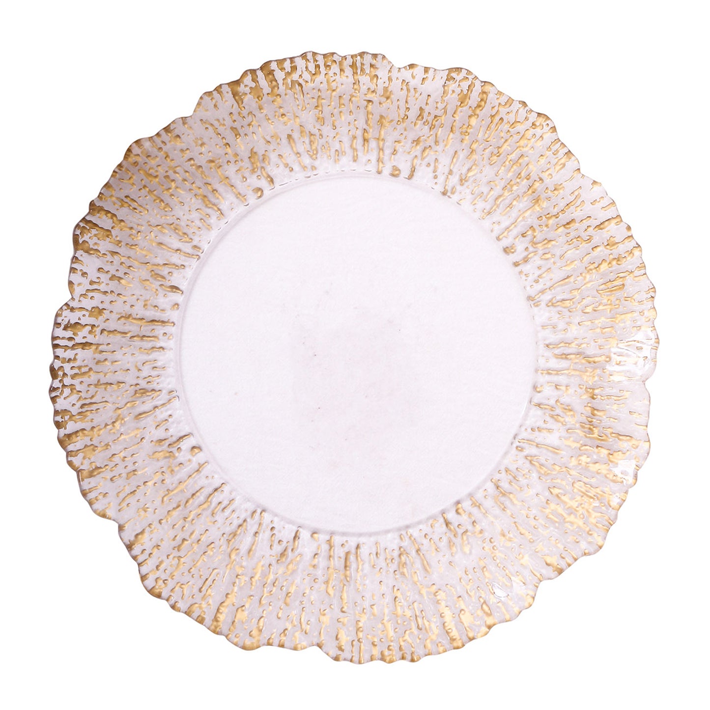 6 Pack Clear Disposable Charger Plates With Gold Reef Rim, 12" Round Scalloped Plastic Serving Plates