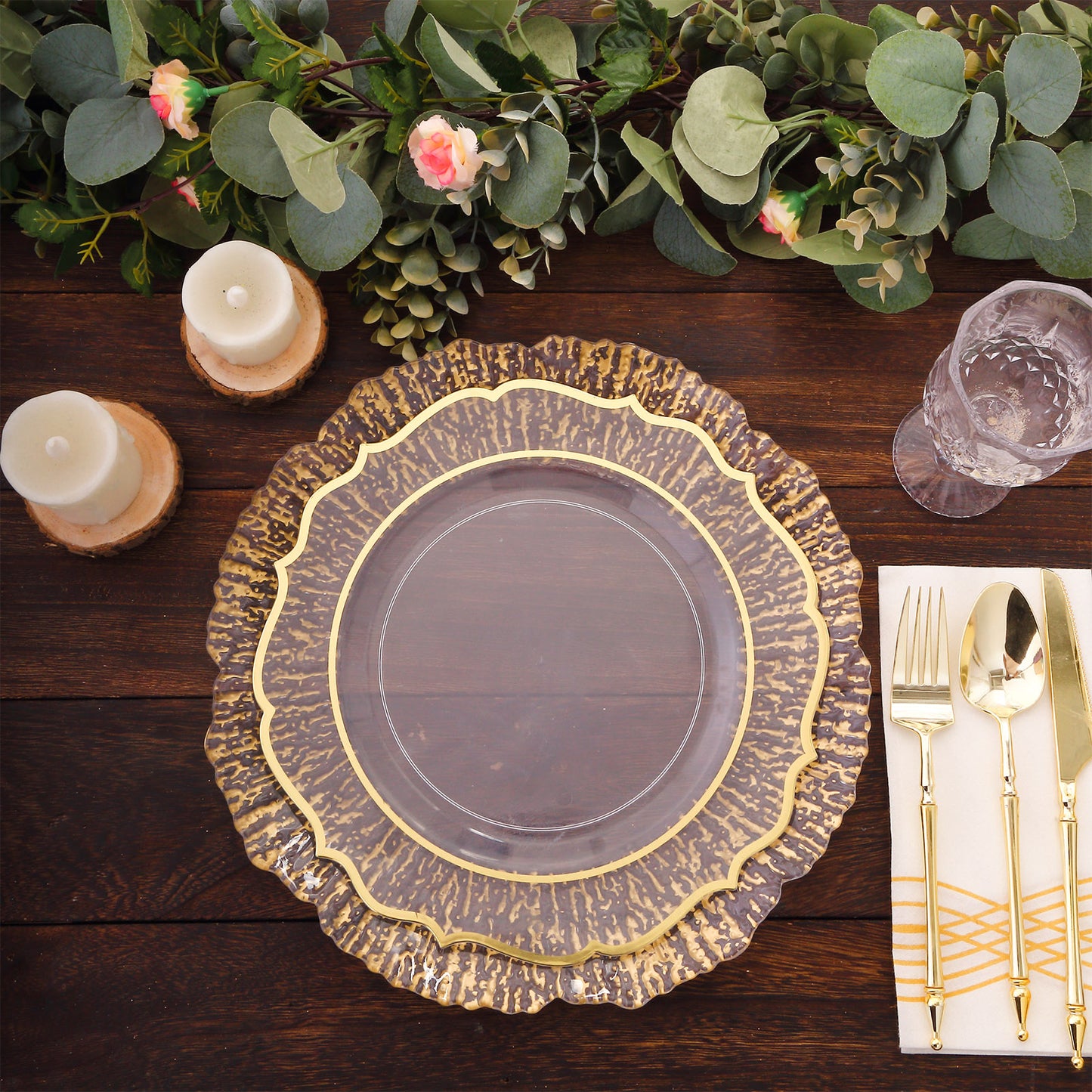 6 Pack Clear Disposable Charger Plates With Gold Reef Rim, 12" Round Scalloped Plastic Serving Plates