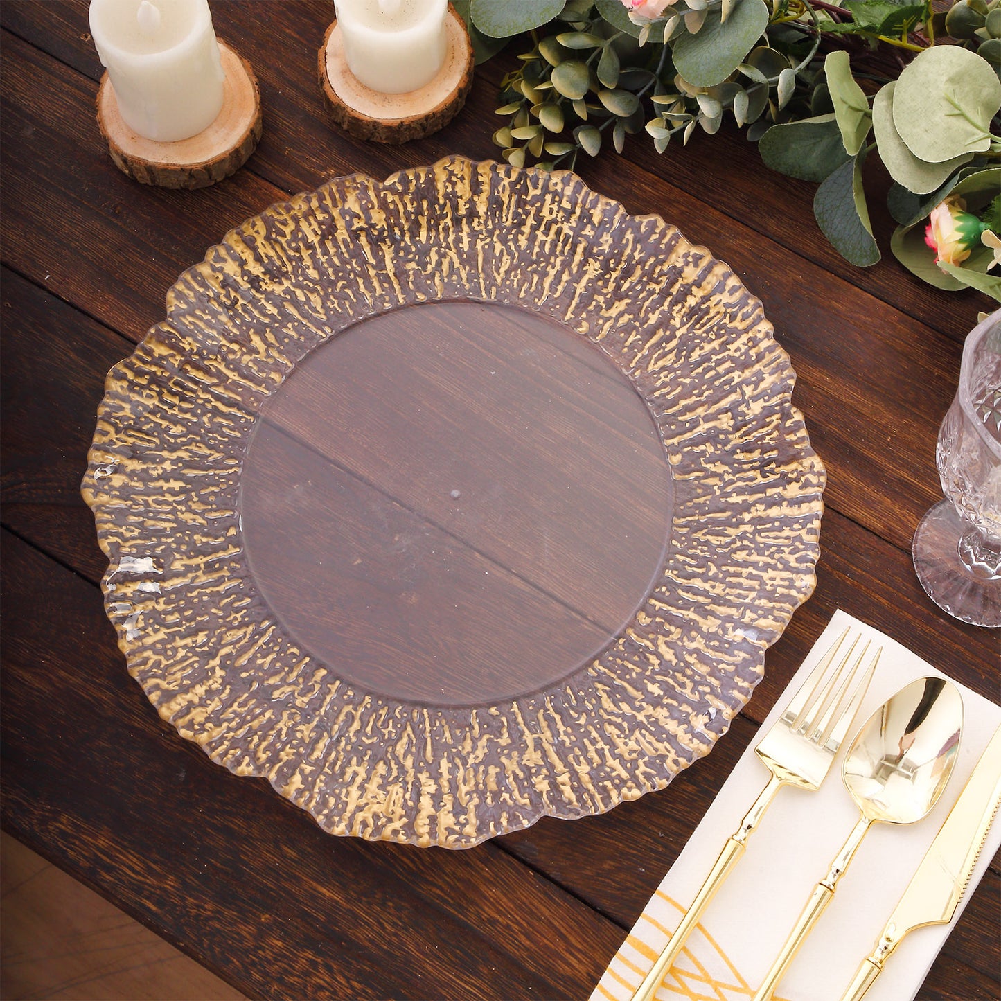 6 Pack Clear Disposable Charger Plates With Gold Reef Rim, 12" Round Scalloped Plastic Serving Plates