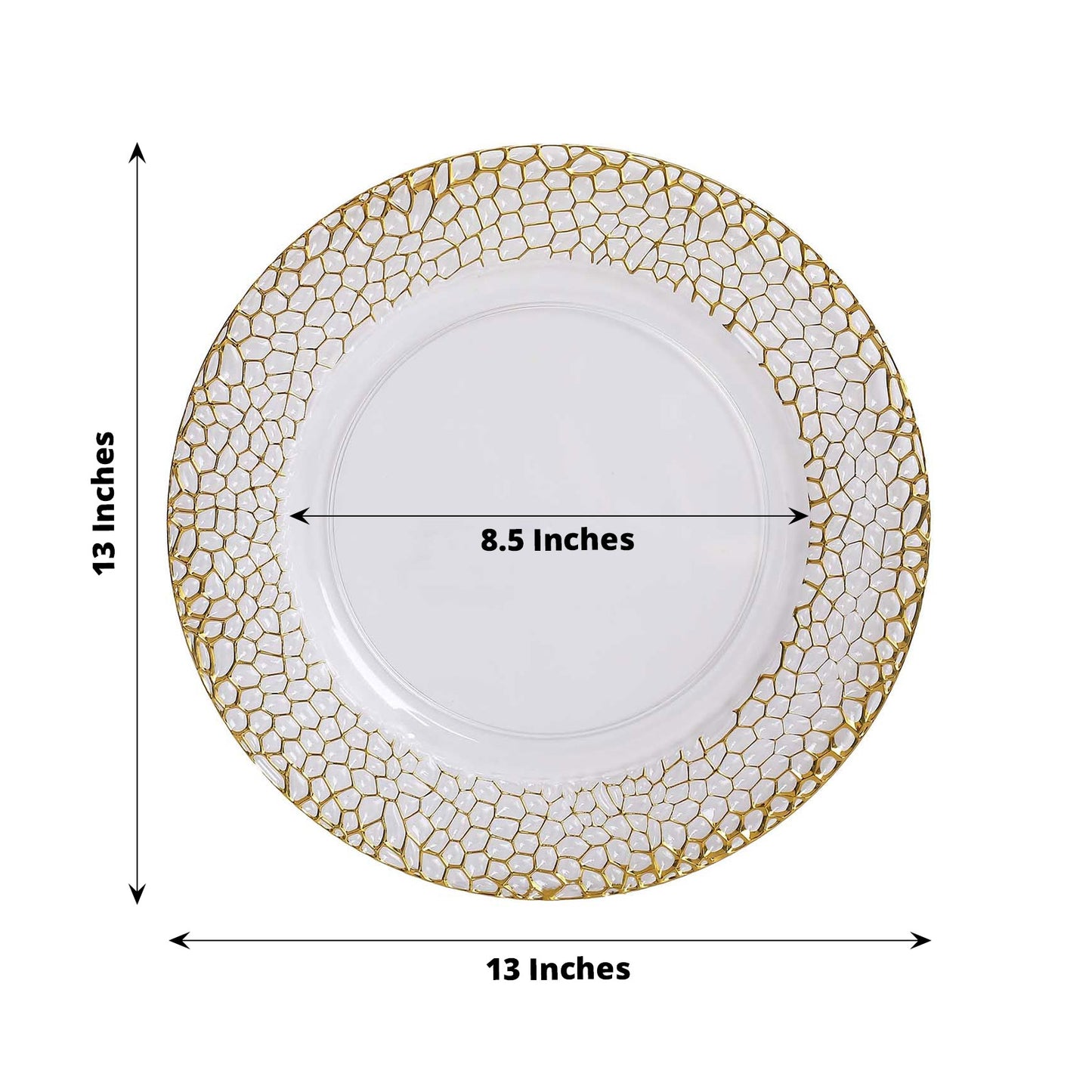 Clear acrylic round charger plate with gold hammered rim, 13 inches.