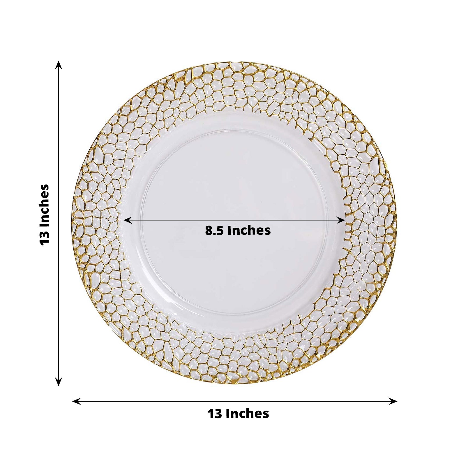 Clear acrylic round charger plate with gold hammered rim, 13 inches.