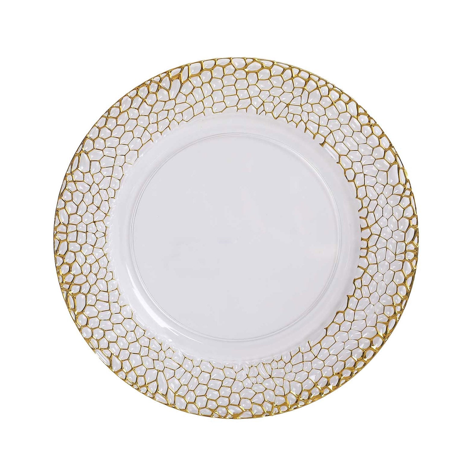 Clear acrylic round charger plate with gold hammered rim.