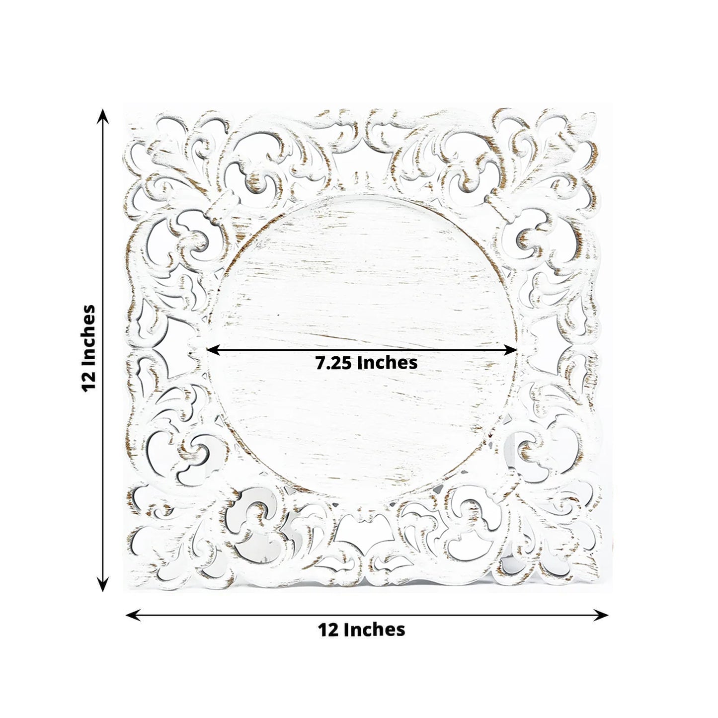Antique white square acrylic charger plate with lace border, 12 inches.