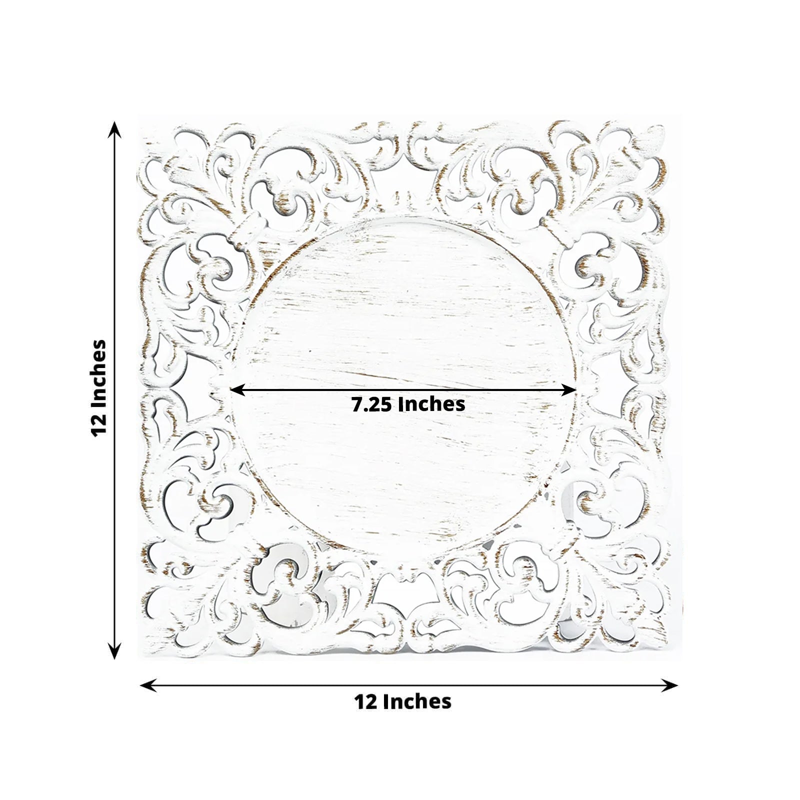 Antique white square acrylic charger plate with lace border, 12 inches.