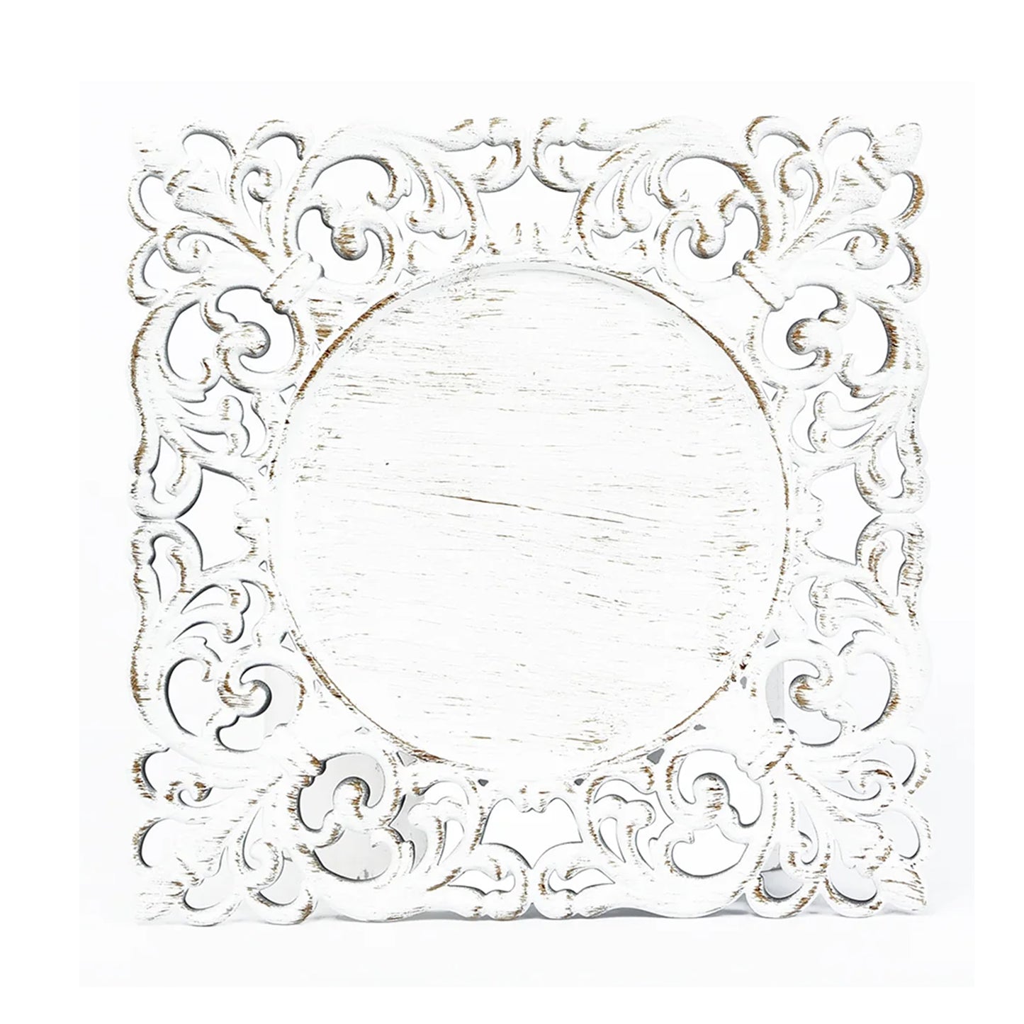 Antique white square acrylic charger plate with lace border.