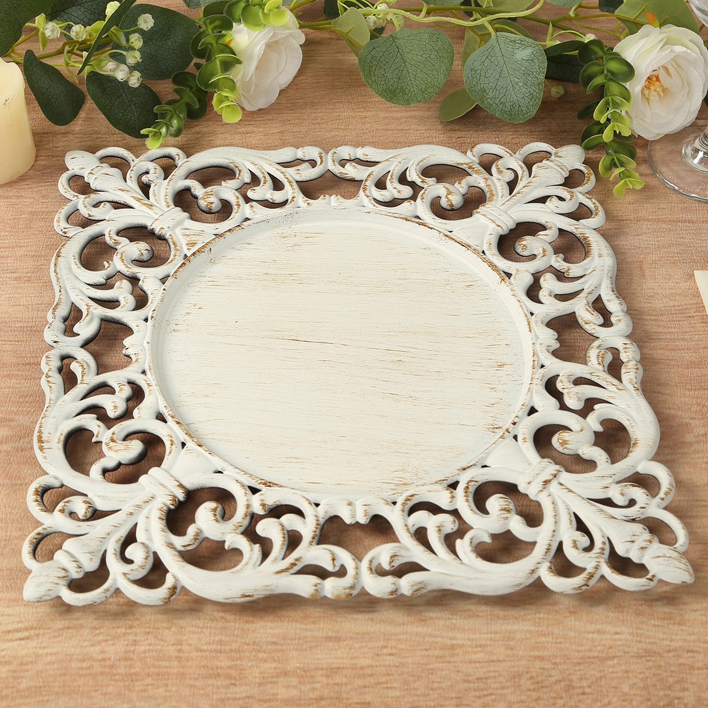 Antique white square acrylic charger plate with lace border.