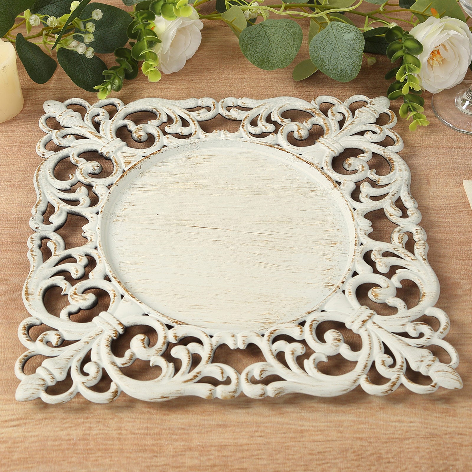 Antique white square acrylic charger plate with lace border.