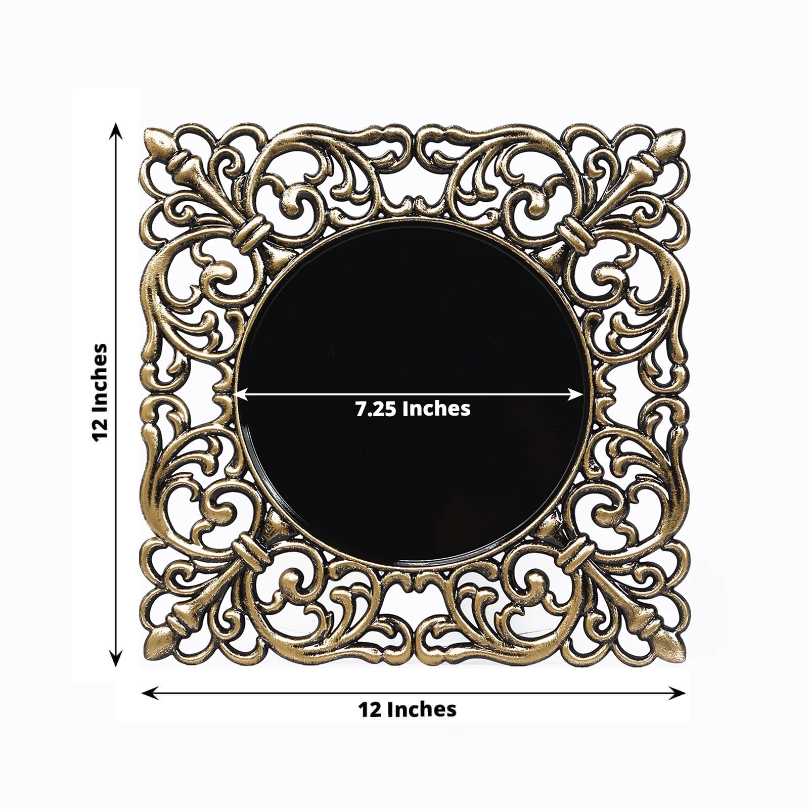 Black square acrylic charger plate with antique gold hollow lace border, 12 inches.