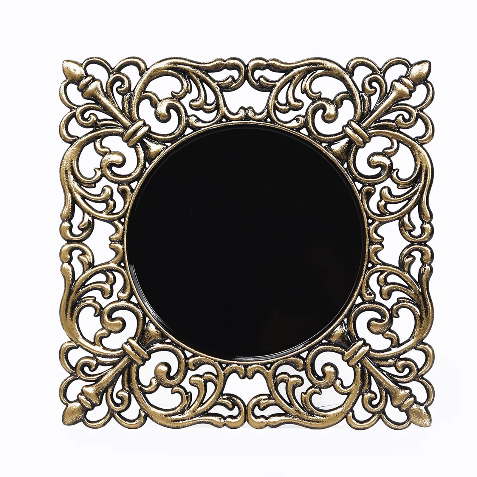 Black acrylic charger plate with antique gold lace border.