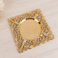 Gold square acrylic charger plate with hollow lace border.