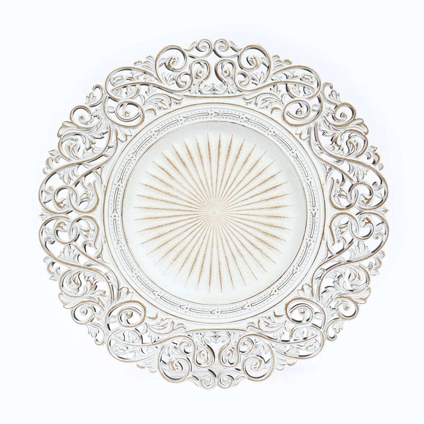 Antique white vintage floral charger plate with carved rim.