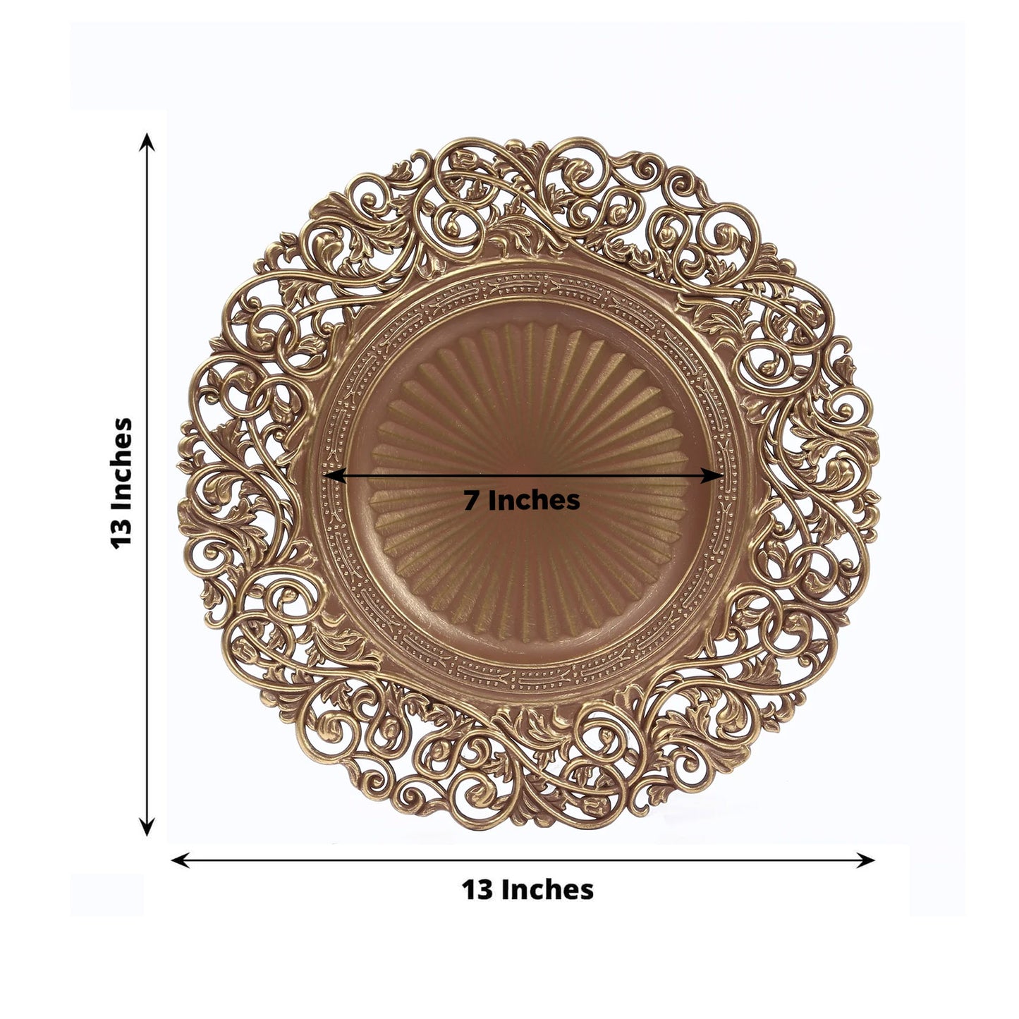 Brown charger plate with vintage floral carved rim, 13 inches.