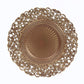 Brown charger plate with vintage floral carved rim and brushed gold accents.