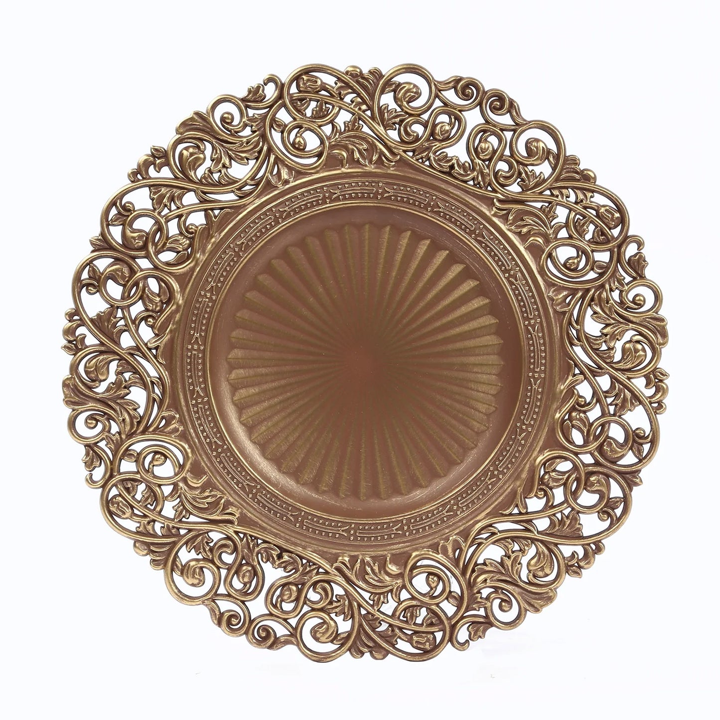 Brown charger plate with vintage floral carved rim and brushed gold accents.