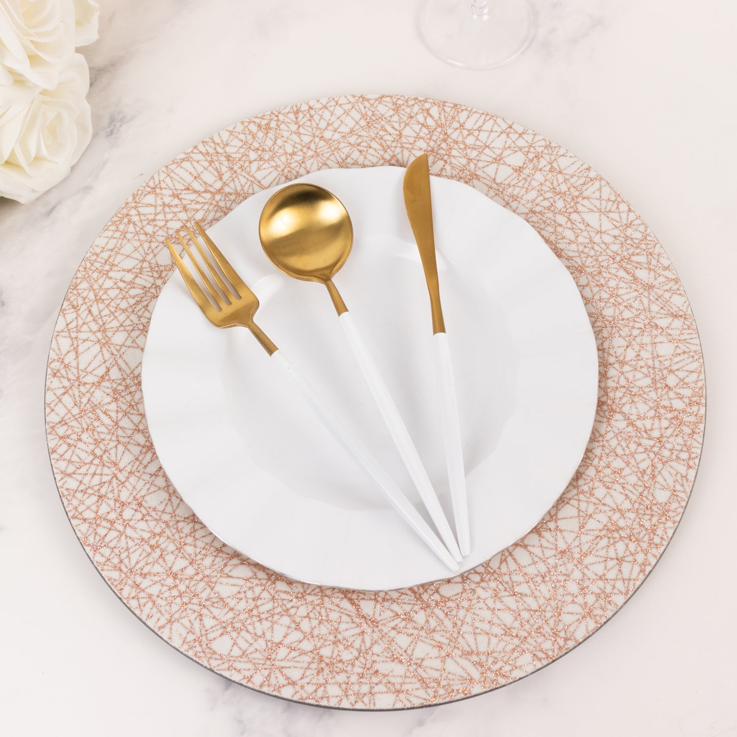 6 Pack Rose Gold Glitter Acrylic Charger Plates with Abstract Lines Pattern, 13" Round Dinner Charger Event Tabletop Decor