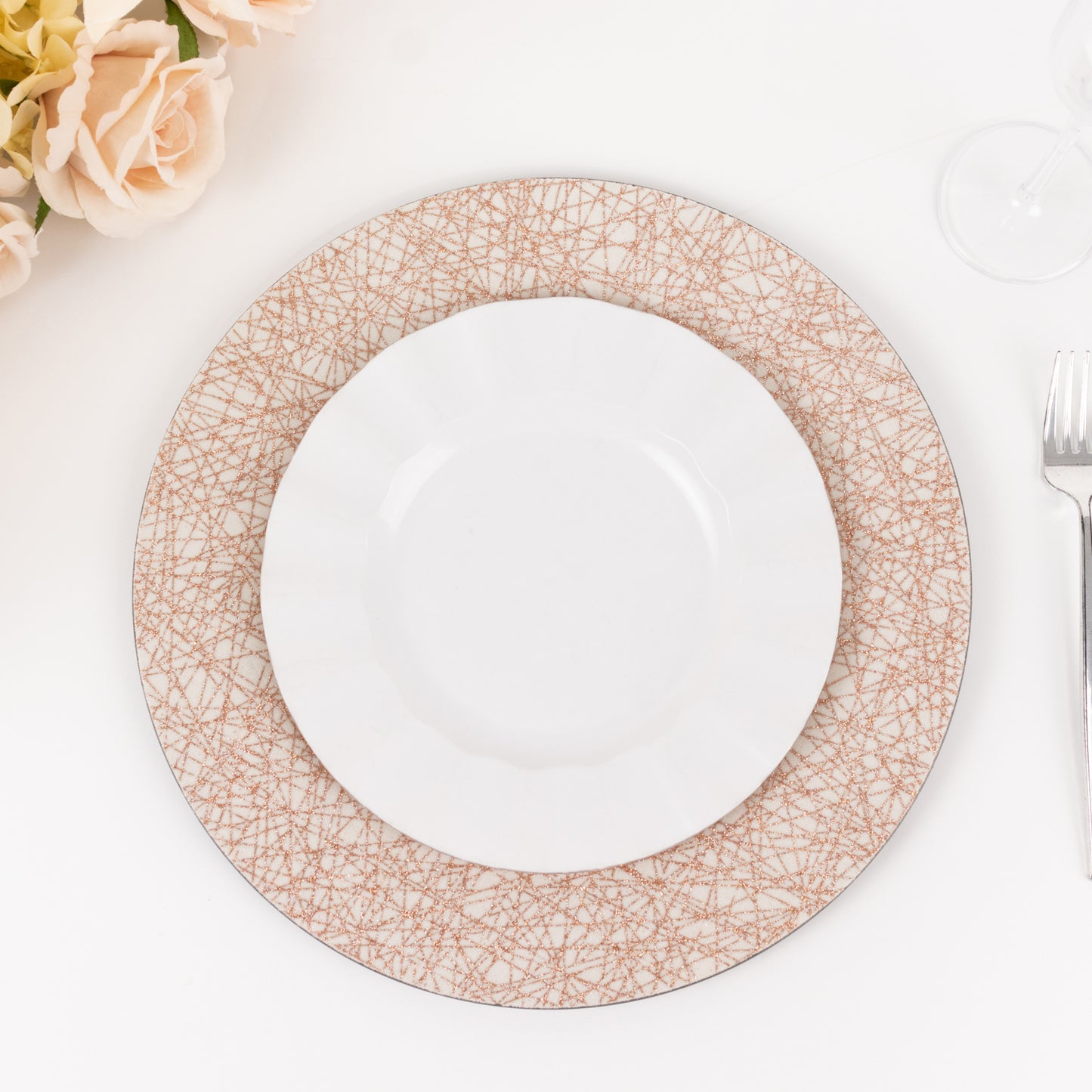 6 Pack Rose Gold Glitter Acrylic Charger Plates with Abstract Lines Pattern, 13" Round Dinner Charger Event Tabletop Decor