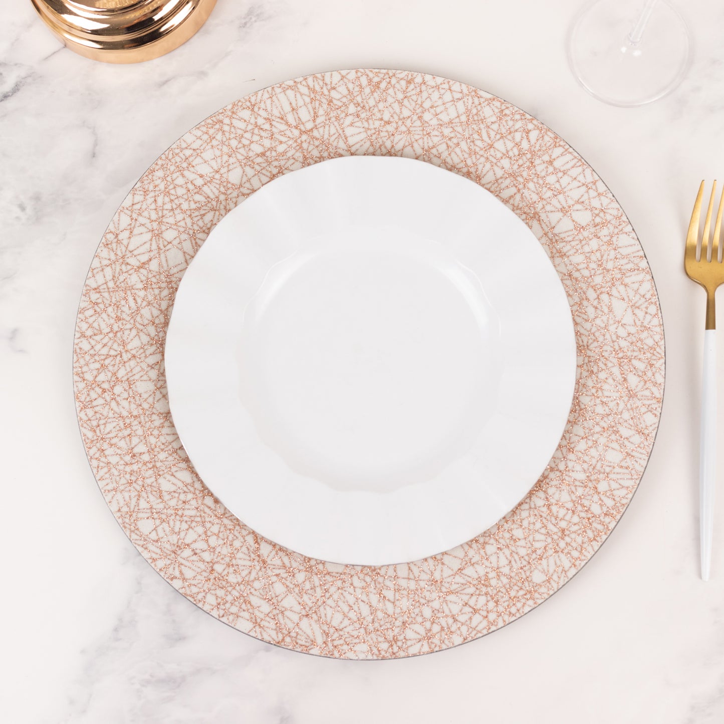 6 Pack Rose Gold Glitter Acrylic Charger Plates with Abstract Lines Pattern, 13" Round Dinner Charger Event Tabletop Decor