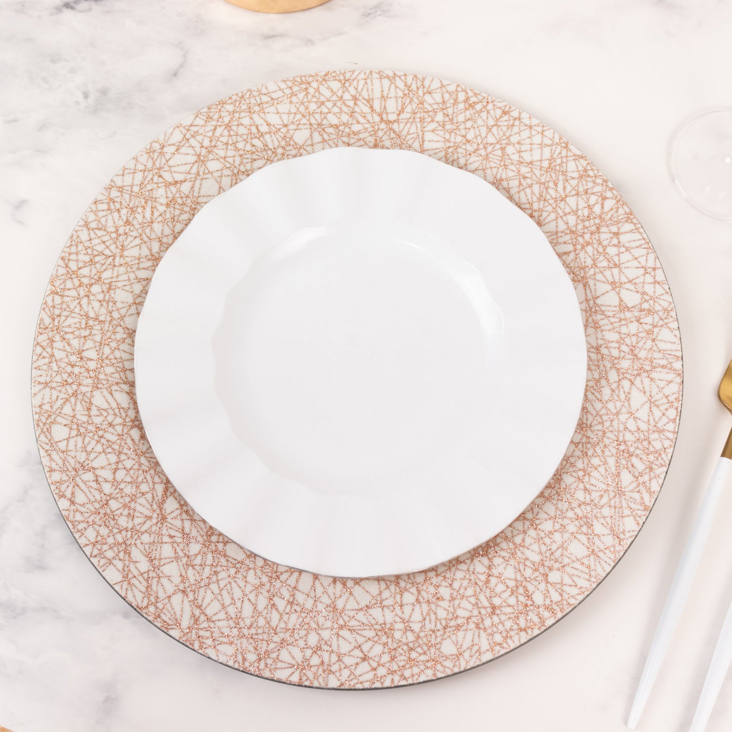 6 Pack Rose Gold Glitter Acrylic Charger Plates with Abstract Lines Pattern, 13" Round Dinner Charger Event Tabletop Decor