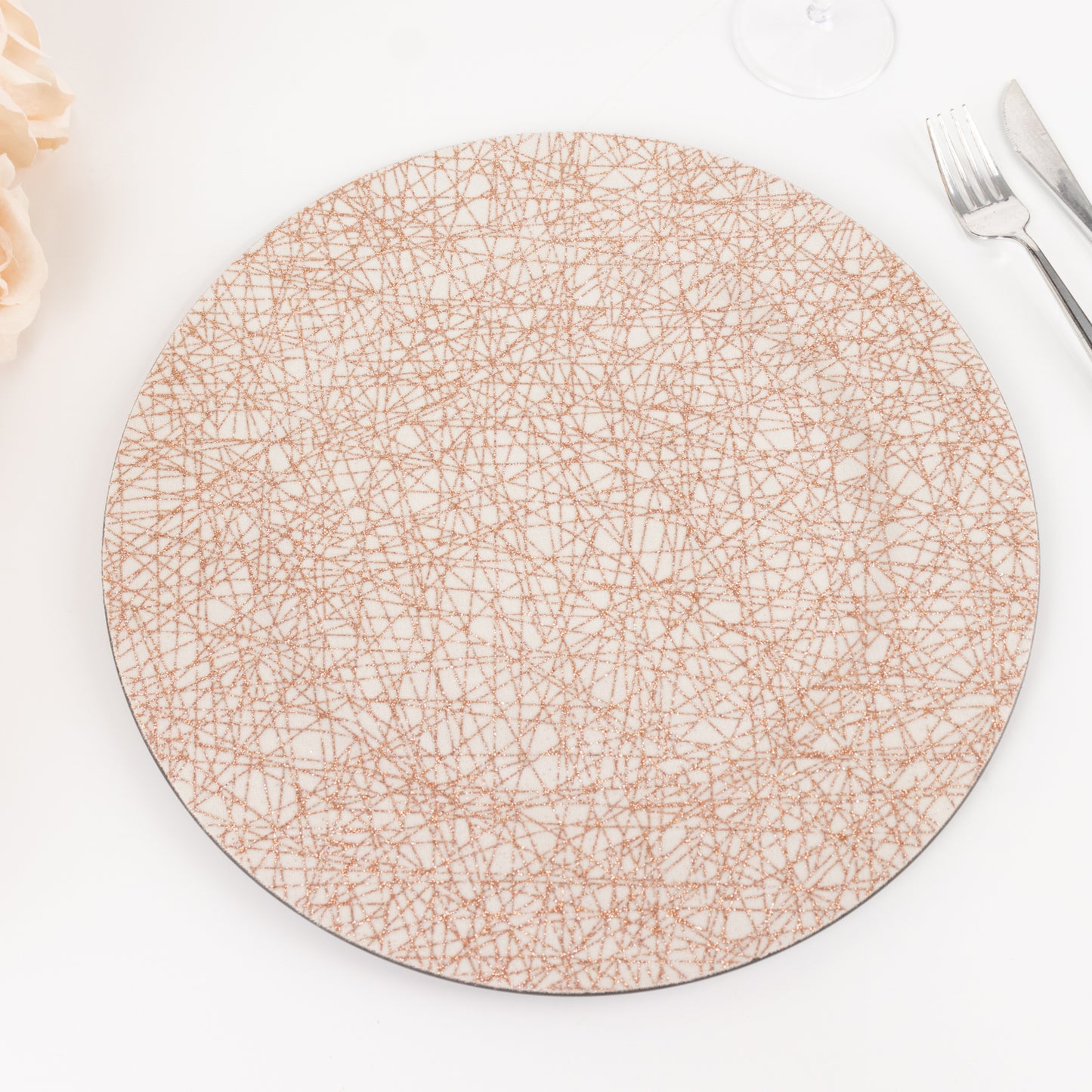 6 Pack Rose Gold Glitter Acrylic Charger Plates with Abstract Lines Pattern, 13" Round Dinner Charger Event Tabletop Decor