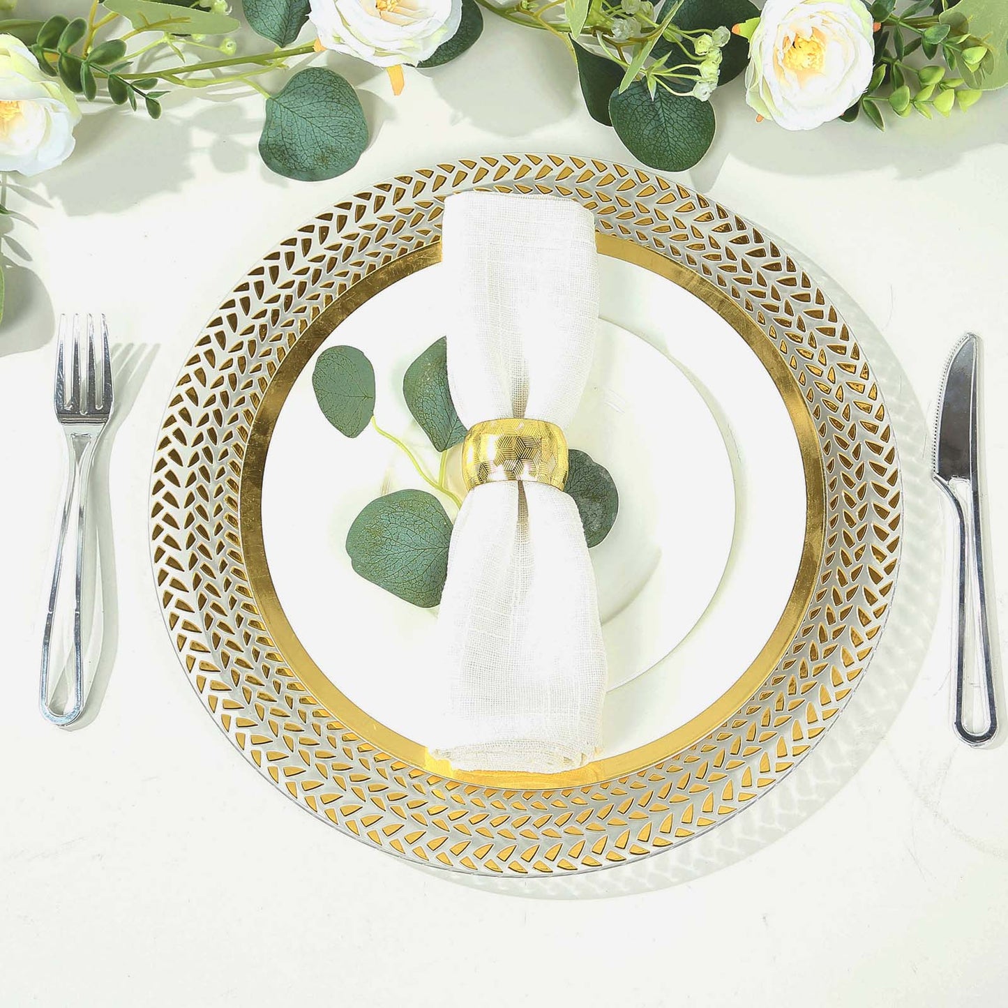 6 Pack Clear Acrylic Charger Plates With Wheat Pattern Gold Rim, 13" Round Dinner Chargers Event Tabletop Decor