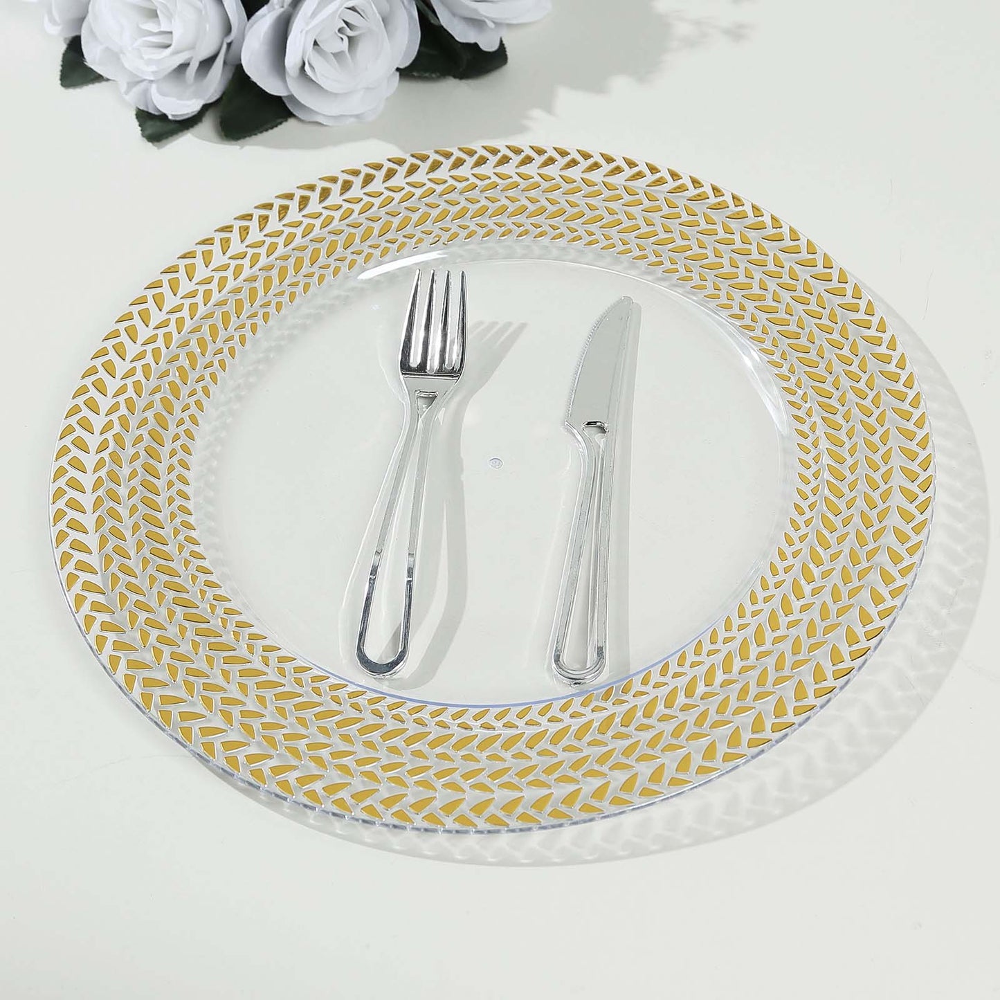 6 Pack Clear Acrylic Charger Plates With Wheat Pattern Gold Rim, 13" Round Dinner Chargers Event Tabletop Decor