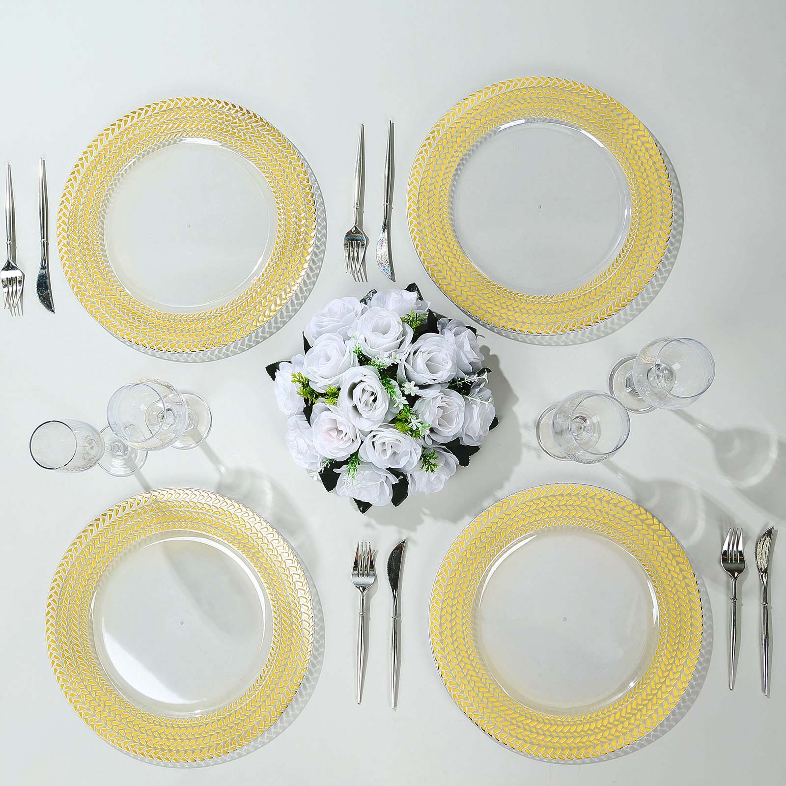 6 Pack Clear Acrylic Charger Plates With Wheat Pattern Gold Rim, 13" Round Dinner Chargers Event Tabletop Decor