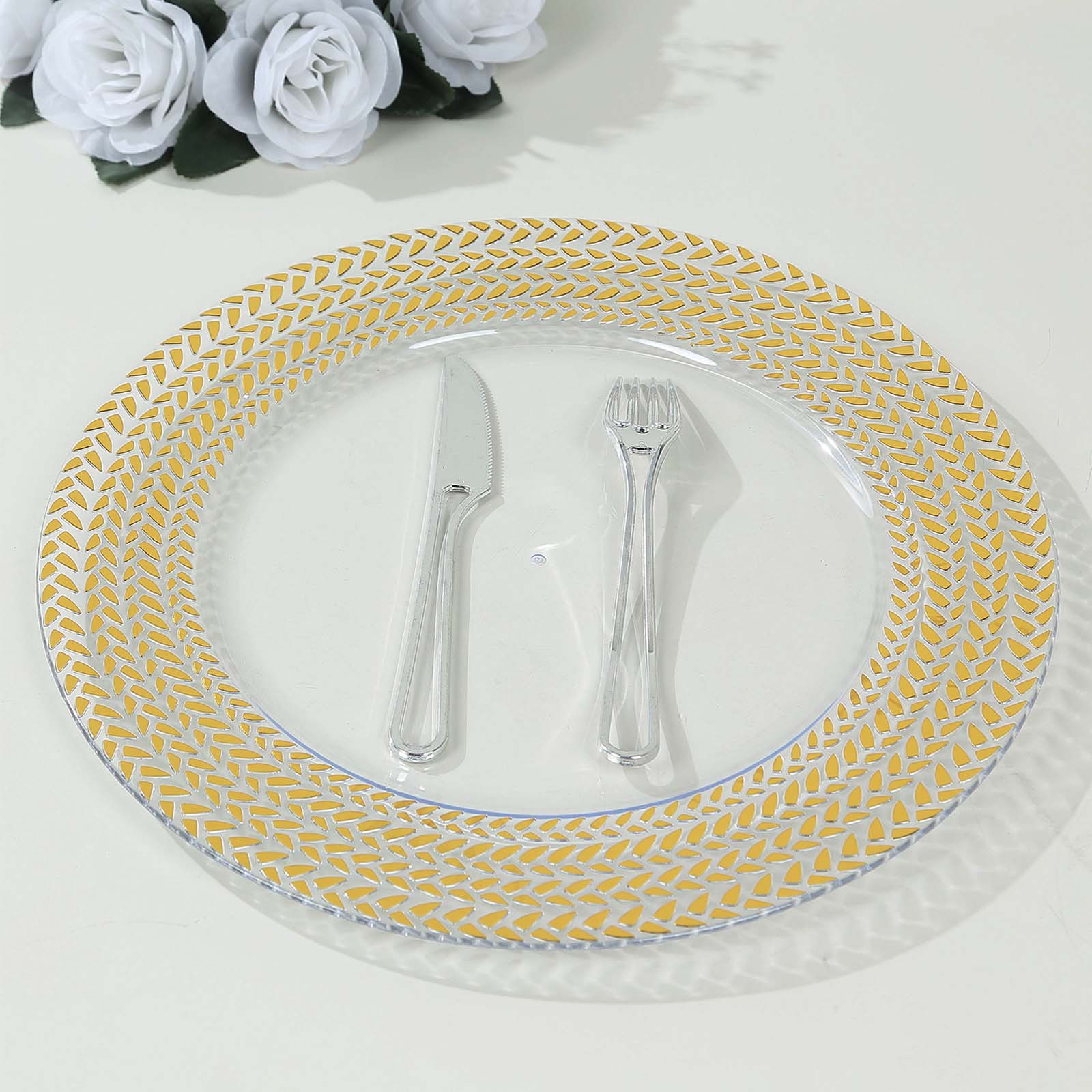 6 Pack Clear Acrylic Charger Plates With Wheat Pattern Gold Rim, 13" Round Dinner Chargers Event Tabletop Decor